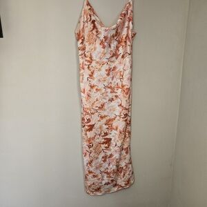 Satin Cowl Neck Spagetti Strap Floral Midi Dress - Orange, Cream-  New with Tags